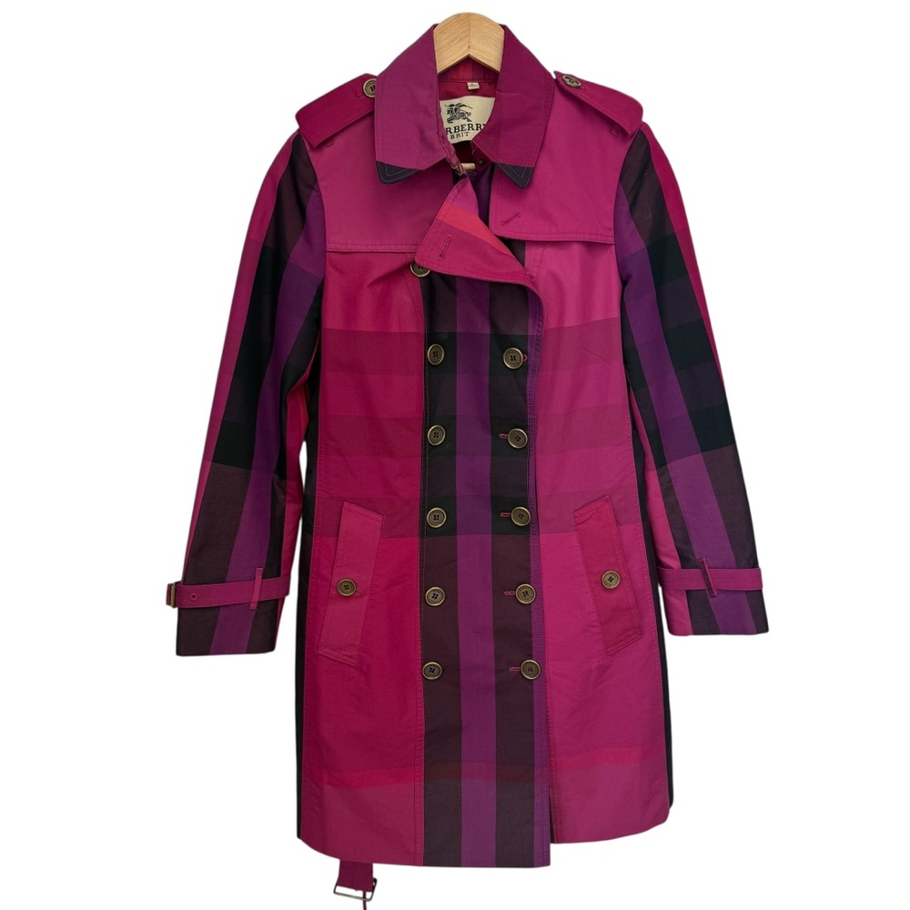 Burberry Brit Women's Pink and Purple Plaid Trench Coat, Size L - Picture 2 of 16